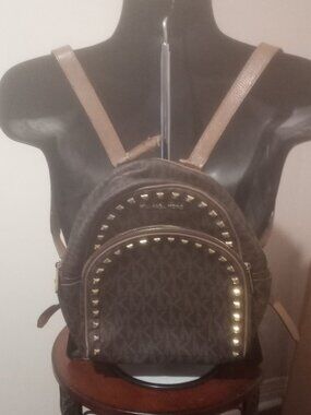 MICHAEL KORS Abbey Brown Pebbled Leather Gold Tone Studs Backpack